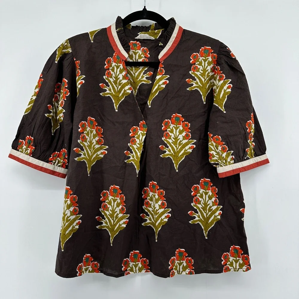 THML Block Print Floral Ruffle Neck Puff Sleeve Top Women's Medium Boho - Picture 2 of 9